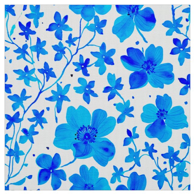 Botanical Floral in Deep Blue and White  Fabric (Swatch)