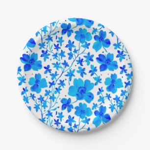 Botanical Floral in Deep Blue and White  Paper Plate