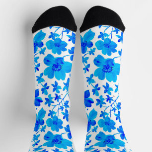 Botanical Floral in Deep Blue and White Socks