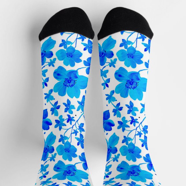 Botanical Floral in Deep Blue and White  Socks (Top)