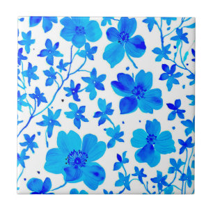 Botanical Floral in Deep Blue and White Tile