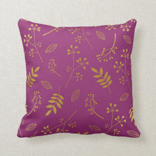 Botanical Floral Leaves Faux Gold Foil Purple Cushion