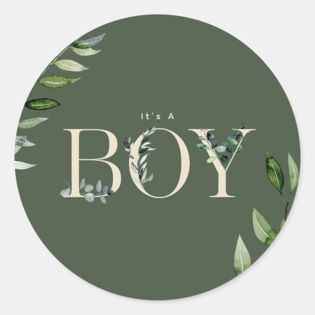Botanical Floral Lettering Green Beige Boy Baby Classic Round Sticker (Front)