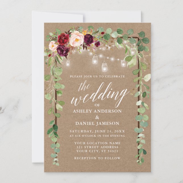 Botanical Floral Lights Calligraphy Kraft Wedding Invitation (Front)