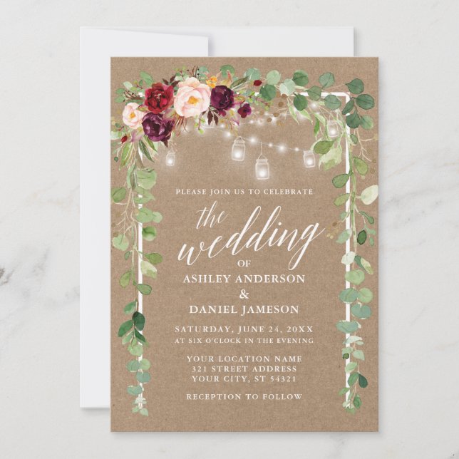 Botanical Floral Lights Calligraphy Wedding Kraft Invitation (Front)