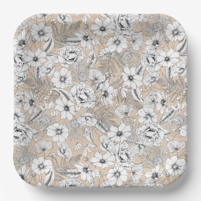 Botanical floral line drawing ferns tan beige pape paper plate (Front)