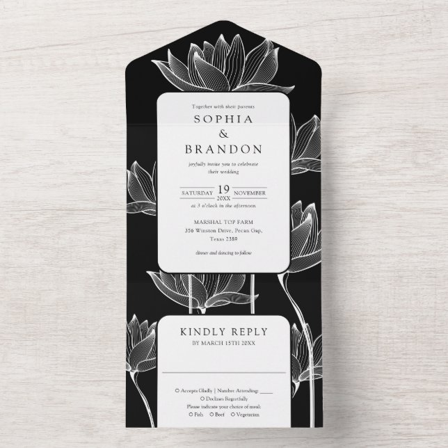 Botanical Floral Monogram Black And White Wedding All In One Invitation (Inside)