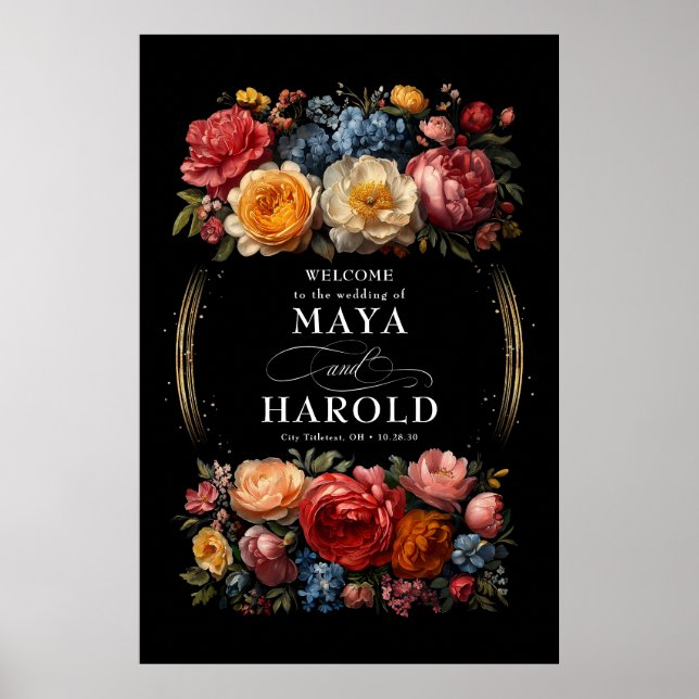 Botanical Floral Moody Black Wedding Welcome Poster (Front)