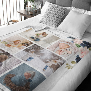 Botanical Floral Mum Photo Collage Watercolor Sherpa Blanket