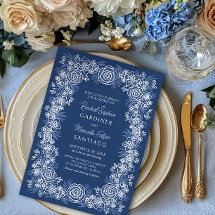 Botanical Floral Navy Dusty Blue Wedding Invitation
