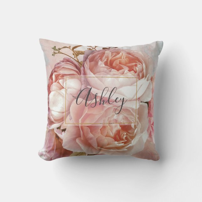 BOTANICAL FLORAL PEONY Name Monogram Cushion (Front)