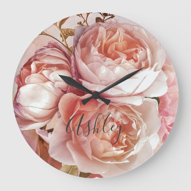 BOTANICAL FLORAL PEONY Name Monogram Large Clock (Front)