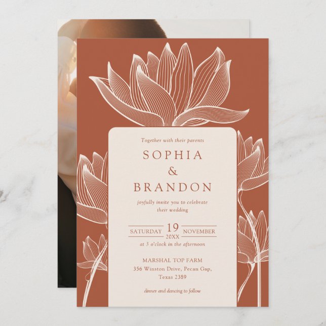 Botanical Floral Photo Terracotta Wedding Invitation (Front/Back)