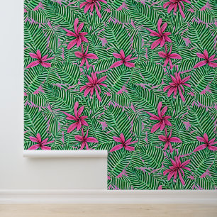 Botanical floral pink green tropical Hawaiian chic Wallpaper