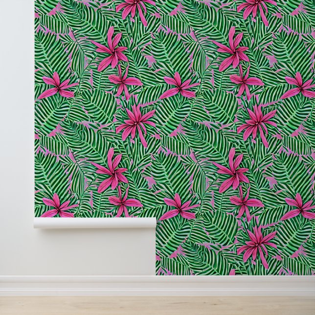 Botanical floral pink green tropical Hawaiian chic Wallpaper (Application)