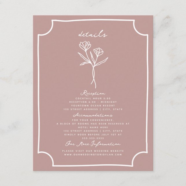Botanical Floral Pink Wedding Details Enclosure Card (Front)