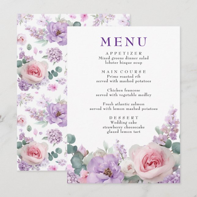 Botanical Floral Purple and Pink Wedding Menu (Front/Back)