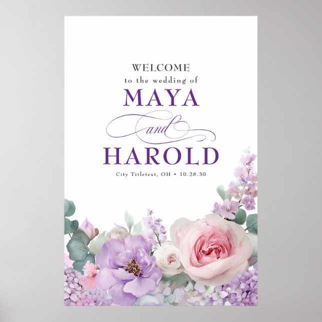 Botanical Floral Purple and Pink Wedding Welcome Poster (Front)