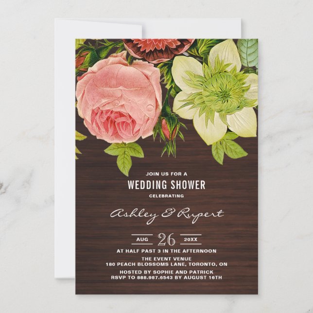 Botanical Floral Rustic Wood Wedding Shower Invitation (Front)
