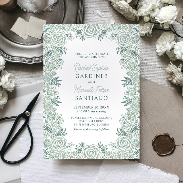 Botanical Floral Sage Mint Emerald Green Wedding Invitation (Creator Uploaded)
