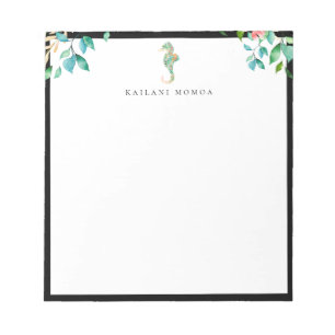 Botanical Floral Seahorse Black Frame Notepad