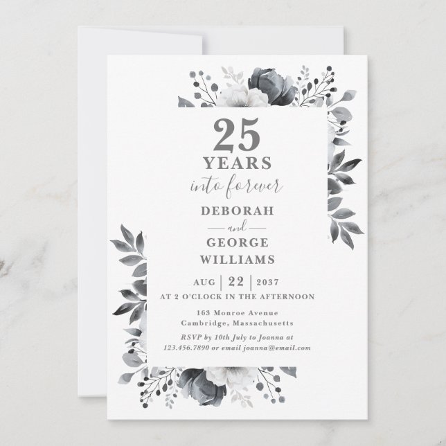 Botanical Floral Silver 25th Wedding Anniversary  Invitation (Front)