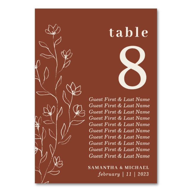 Botanical Floral Sketch Terracotta Seating names Table Number (Front)