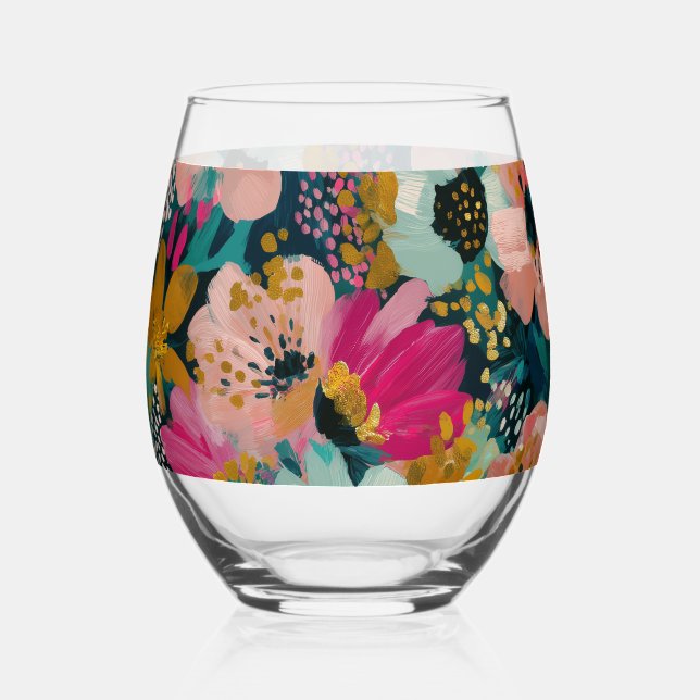 Botanical Floral  Stemless Wine Glass (Front)