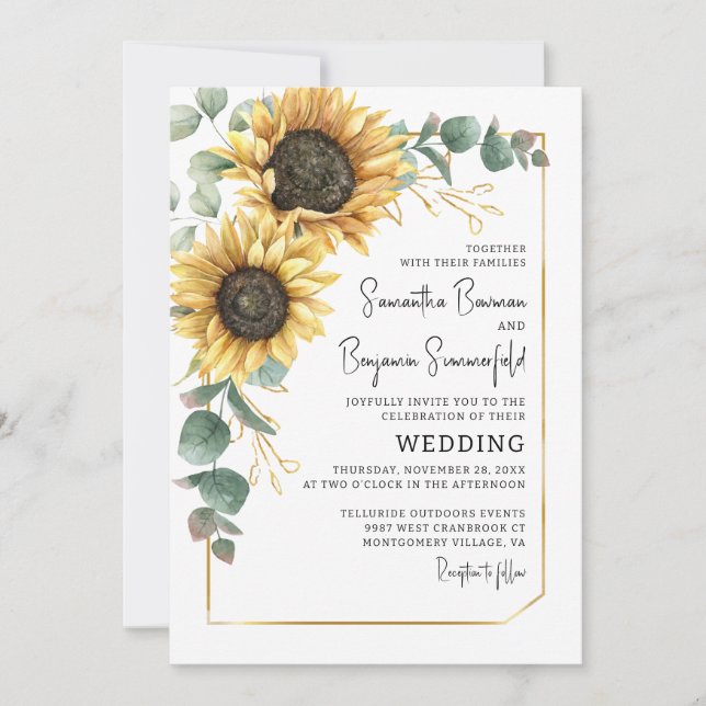 Botanical Floral Sunflower Greenery Modern Wedding Invitation (Front)