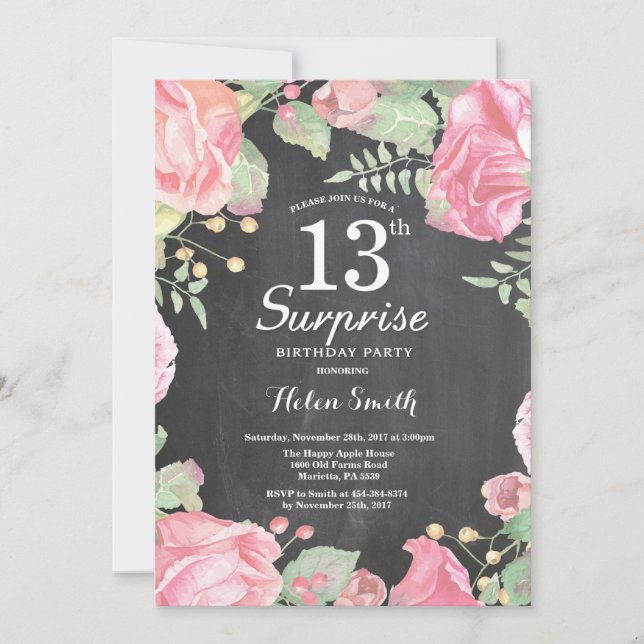 Botanical Floral Surprise 13th Birthday Invitation (Front)