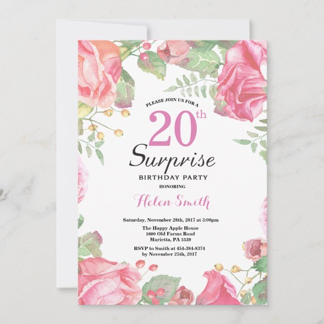 Botanical Floral Surprise 20th Birthday Invitation (Front)