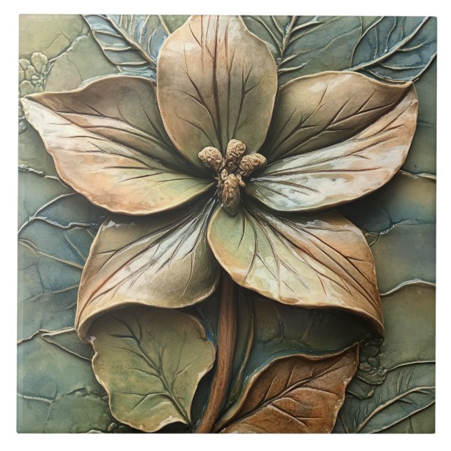 Botanical Floral Trillium Faux Relief  Tile (Front)