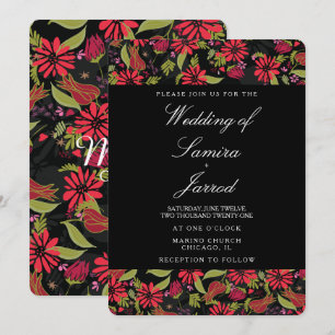 Botanical Floral Tulips Roses Red & Black Weddings Invitation