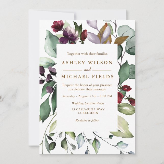 Botanical Floral Watercolor Border Modern Wedding Invitation (Front)
