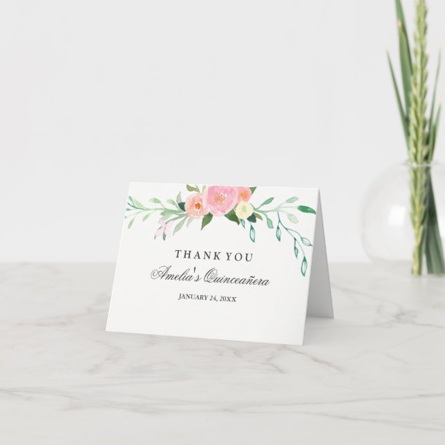 Botanical Floral Watercolor Quinceanera Thank You Card (Front)