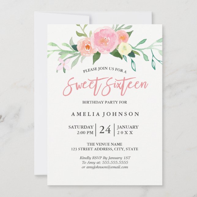 Botanical Floral Watercolor Sweet Sixteen Card (Front)