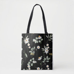 Botanical Flower Pattern Black Tote Bag