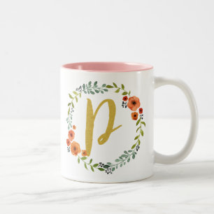 Botanical Flower Wreath Gold Monogram Initial P Two-Tone Coffee Mug