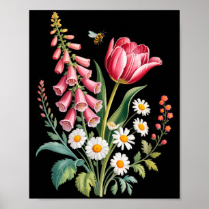 Botanical Flowers Daisies Tulip Foxglove Butterfly Poster