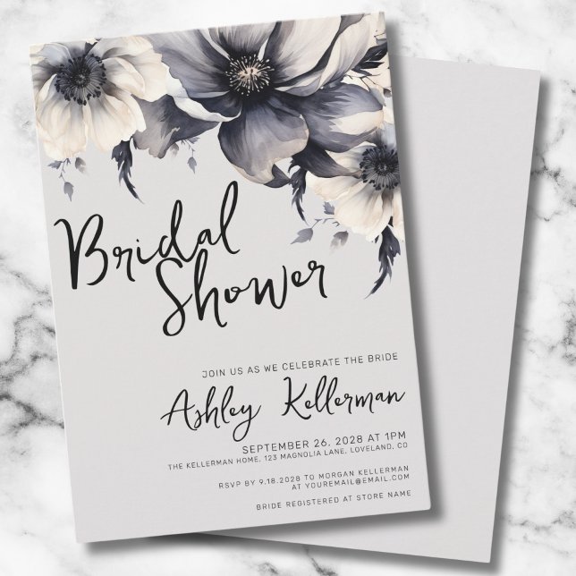 Botanical Flowers Elegant Boho Bridal Shower Invitation (Gray Simple Elegant Floral Bridal Shower Invitation)