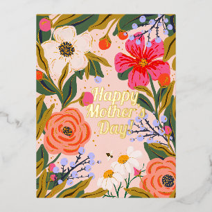 Botanical flowers mum’s greeting’s  foil holiday postcard