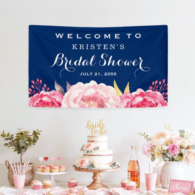 Botanical Flowers Navy Blue Bridal Shower Banner (Creator Uploaded)
