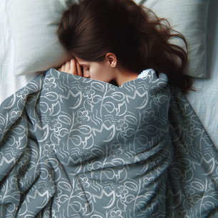 Botanical Flowers Slate Grey White Floral Pattern  Fleece Blanket