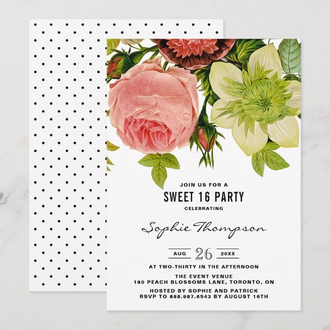 Botanical Flowers Vintage Sweet Sixteen Party Invitation (Front/Back)