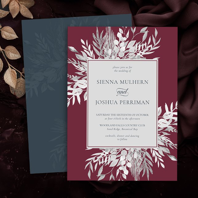 Botanical Foliage Burgundy Grey Wedding Invitation (Elegant Burgundy and Grey wedding invitation from the Foliage Duet Collection by Darling & May)