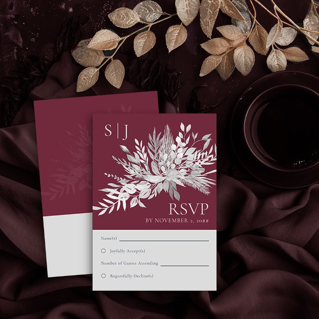 Botanical Foliage Burgundy Monogram Wedding RSVP (RSVP Card in Burgundy and Grey from the Foliage Duet Collection by Darling & May)