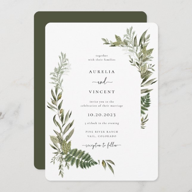 Botanical Foliage Frame Olive Green Wedding Invitation (Front/Back)