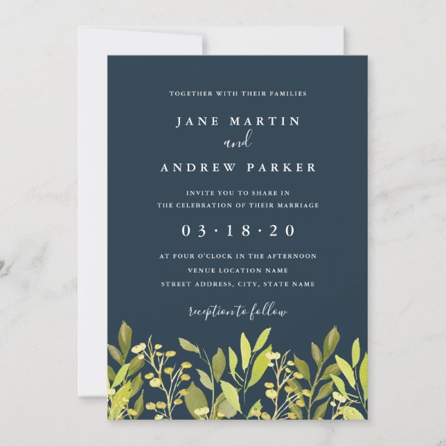 Botanical Foliage Green Navy Wedding Invitation (Front)
