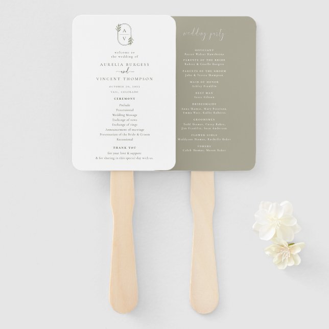 Botanical Foliage Monogram Wedding Program Hand Fan (Front and Back)