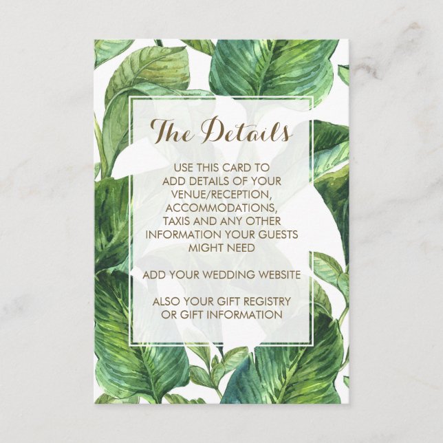 botanical foliage palm leaves wedding details card (Front)